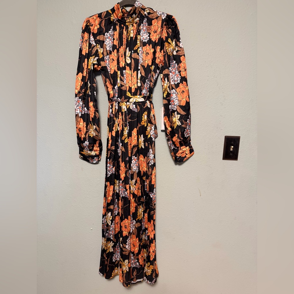 The Moon Orange Black Floral Long Sleeve Midi Dress